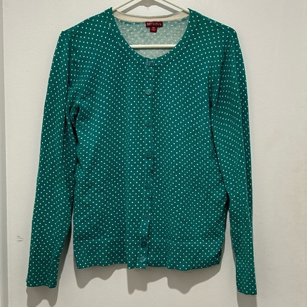 Womens Merona XL Green White Polka Dot Button Front‎ Cardigan Sweater